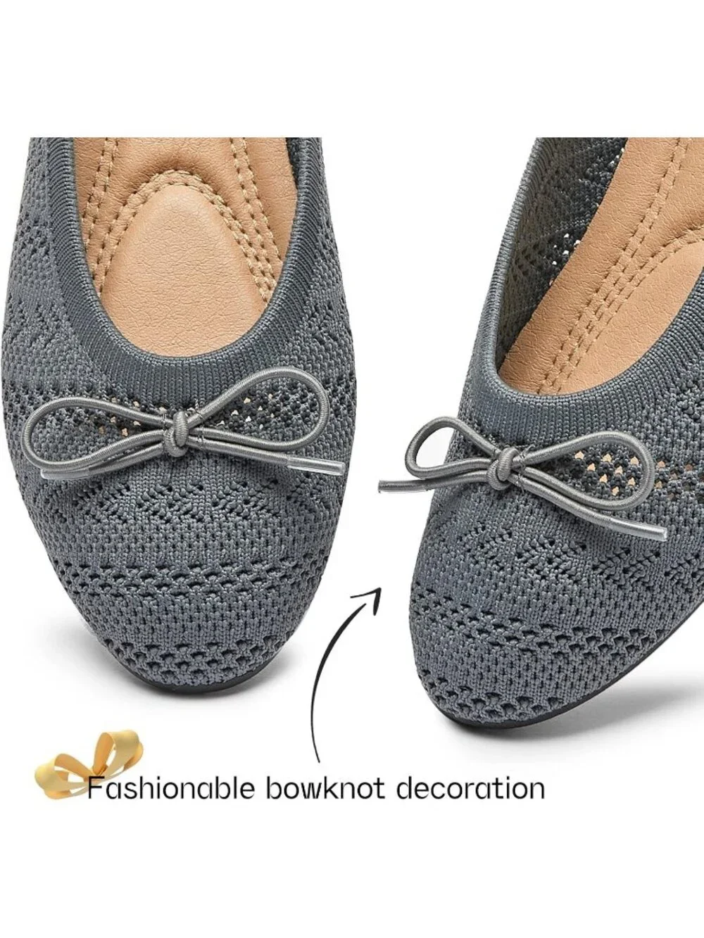 Women's Deep Grey Crochet Lace Round Toe Solid Comfortable Low Heel Ballet Flats